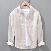 纯亚麻长袖 男士 衬衫 麻布男装 纯色棉麻料衬衣男 春夏季 宽松大码 新款