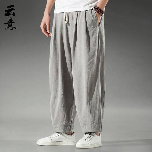 夏季中国风亚麻休闲九分裤男汉服裤子宽松大码阔腿裤棉麻直筒长裤