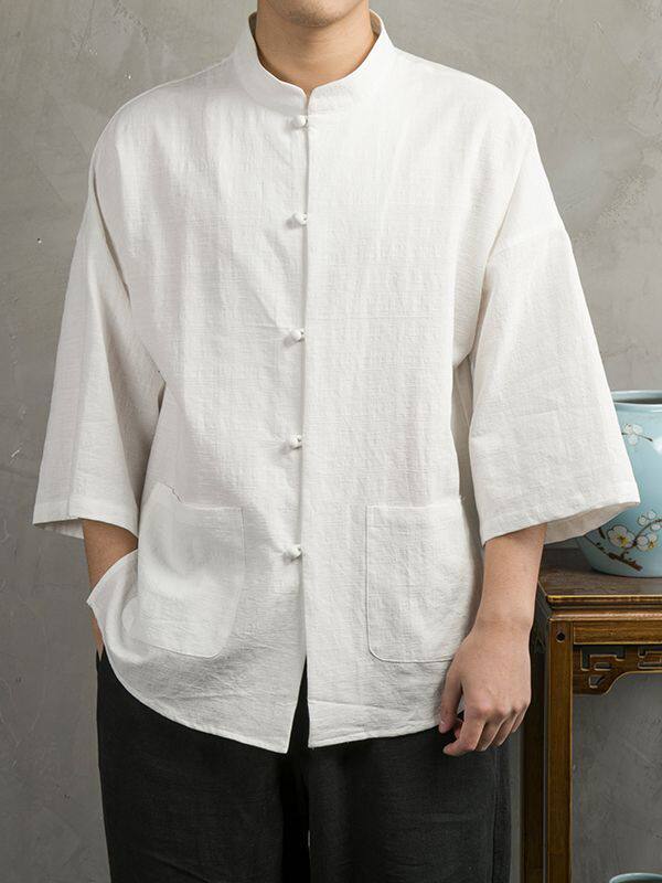 中国风薄款亚麻衬衫男短袖夏季宽松新中式立领七分袖衬衣棉麻上衣