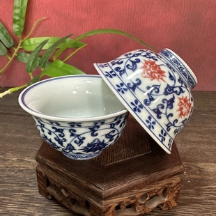 青花缠枝莲釉里红压手杯仿古茶杯个人专用主人杯单杯高端喝茶茶杯