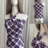 水银商店 原创 黑紫斜格纹挂脖抹胸荡领收腰吊带显瘦清爽裁剪背心