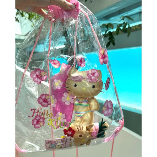水银商店 自制 中古扶桑花hellokitty冲浪度假透明束口双肩游泳包