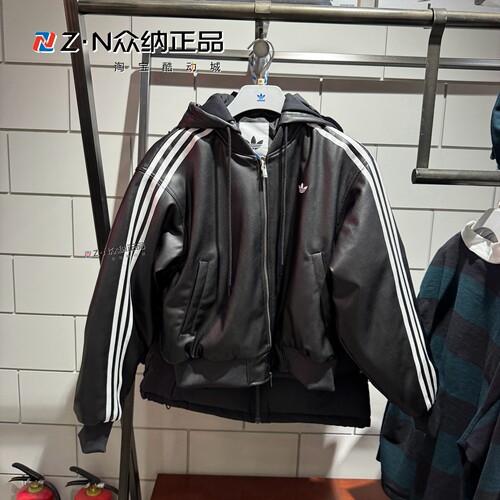 阿迪达斯三叶草女子连帽皮衣棉服