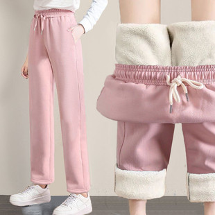 宽松显瘦保暖休闲裤 2024秋冬新款 羊羔 子女学生直筒卫裤 加绒加厚裤