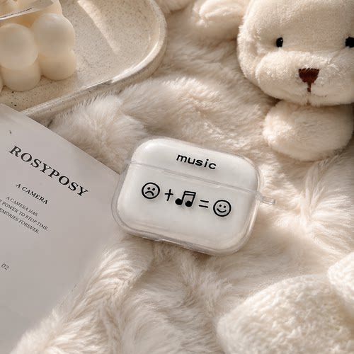 适用AirPods1/2/3/4/Pro/Pro2/Pro3苹果耳机保护套音乐笑脸图案透明TPU软壳防摔防尘无线充电保护壳创意潮流