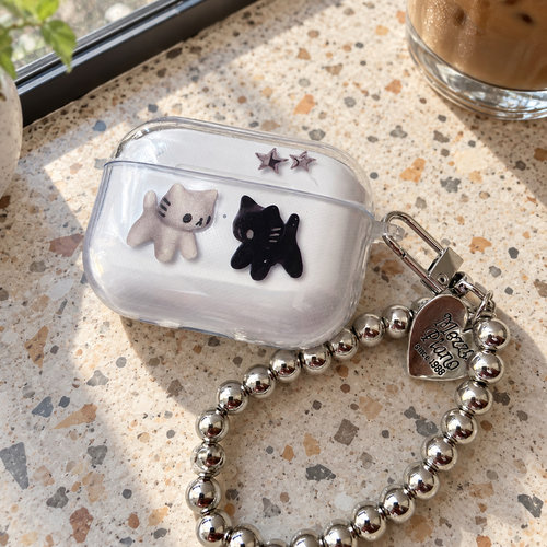保护壳透明软壳全包保护星星双猫星星保护壳适用airpods1/2/3/4/5/pro/pro2/pro3银色珠链爱心配饰新款防摔
