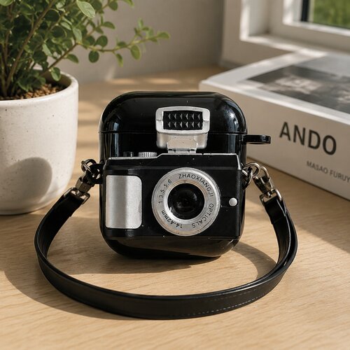 适用AirPods1/2/3/4/Pro/Pro2/Pro3黑色立体相机耳机壳复古软壳保