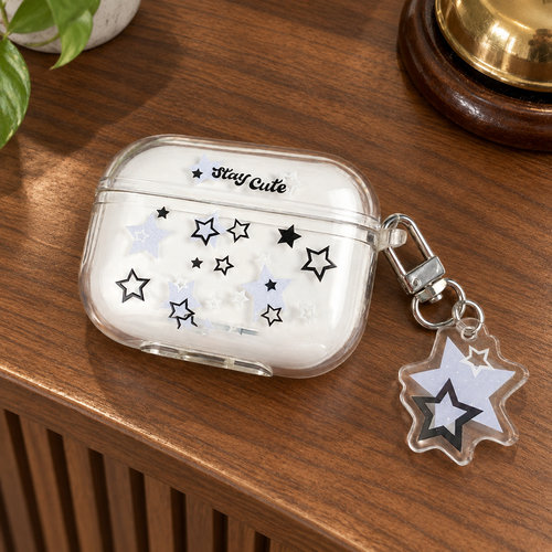 苹果AirPods保护套蓝白星星耳机壳耐磨适用airpods1/2/3/4/5/pro/pro2/pro3透明防摔保护五角星保护壳简约