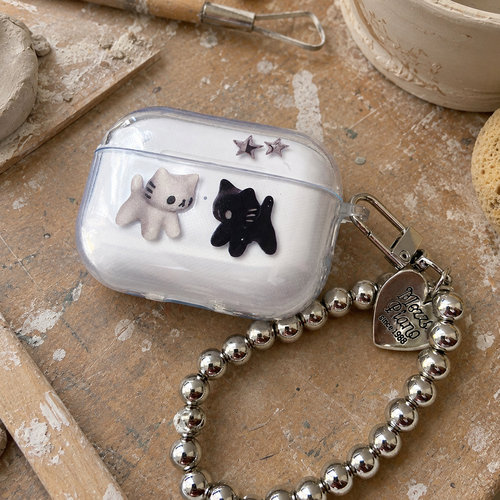 保护套双猫咪星星耳机壳防刮小猫咪图案保护套适用airpods1/2/3/4/5/pro/pro2/pro3简约银色珠链爱心配饰