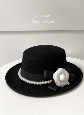 英伦法式优雅黑色山茶花珍珠包边赫本风女礼帽写真影楼复古大檐帽
