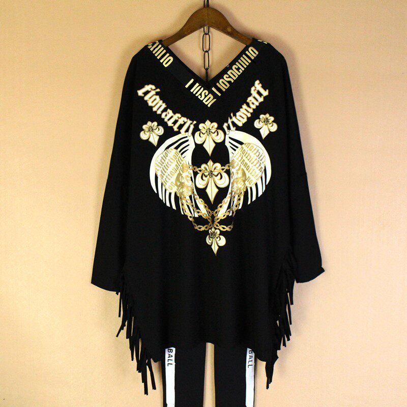 潮牌大码2026春季新款休闲个性流苏镶钻烫金中长款长袖T恤女上衣t