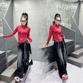 队服 广场舞曳步舞服装 打底衫 新款 渐变休闲牛仔裤 2025高温烫钻长袖