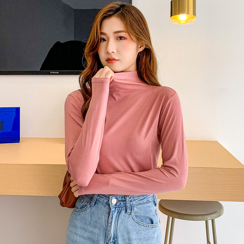 莫代尔绒打底衫女长袖t恤半高领春秋2025新黑色内搭洋气紧身上衣