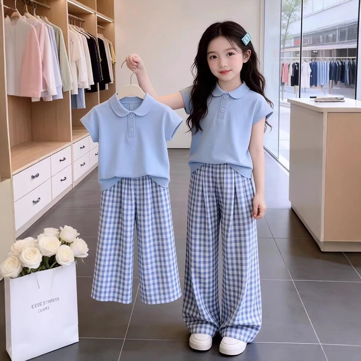 女童装阔腿裤套装夏季儿童女孩蓝儿童软壳裤