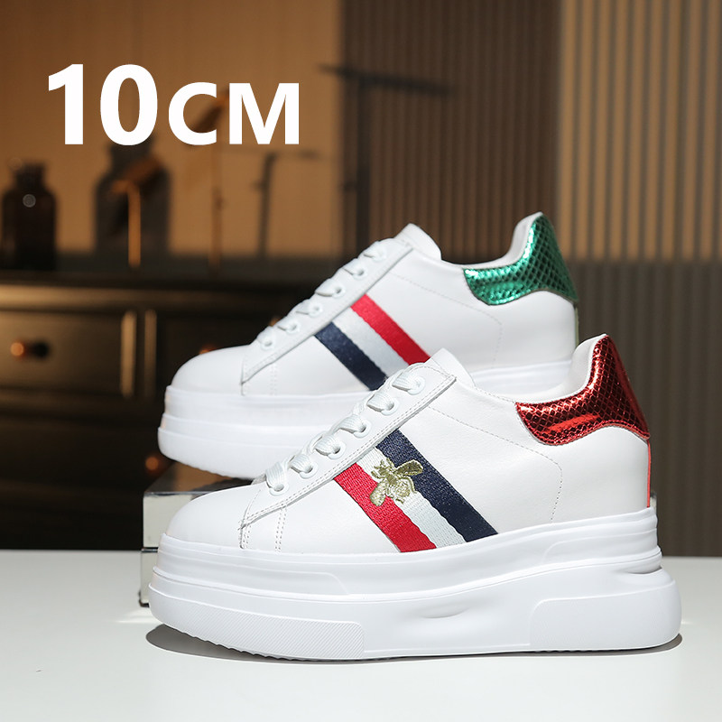 内增高女鞋2025新款12厘米真皮系带小白鞋女百搭厚底松糕鞋10CM