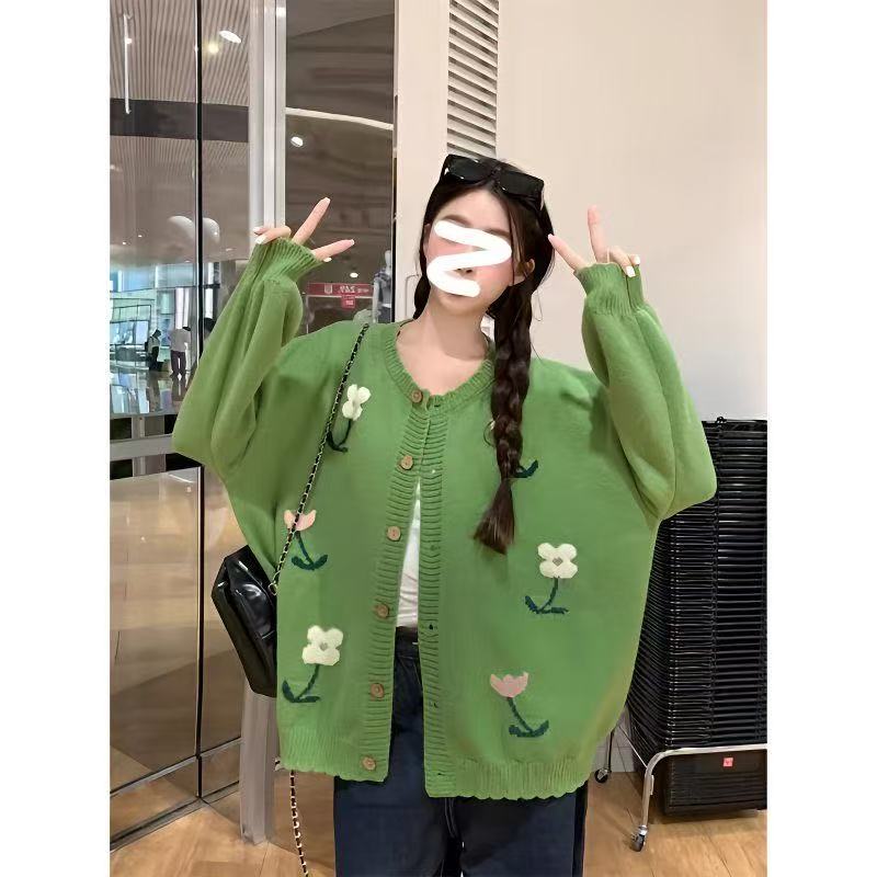 森系绿色花朵毛衣外套春秋冬大码女装胖mm显瘦中长款针织开衫上衣