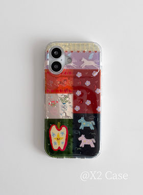 X2 Case时髦小众新年马年复古拼接花朵飞马印花15pro适用17苹果16Pro Max手机壳iphone17pro新款14保护套全包