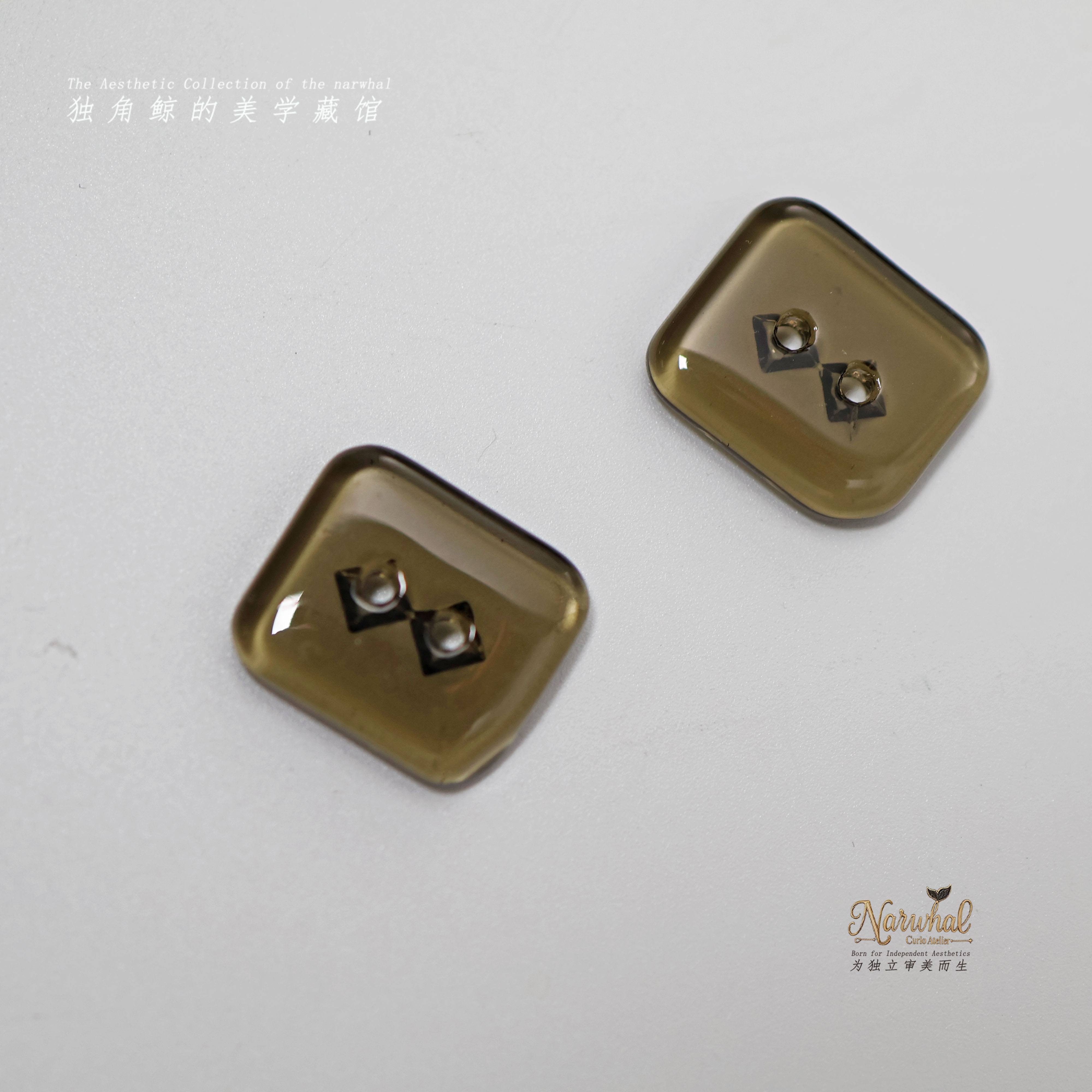 雾茶晶方｜西德半透烟茶棕圆角双孔琉璃方纽扣衬衫辅料14*16mm