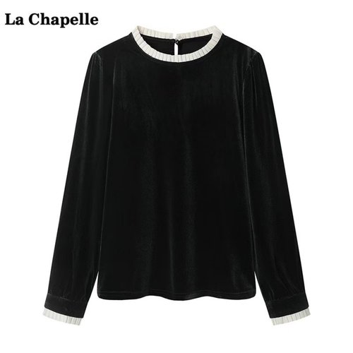 拉夏贝尔/La Chapelle金丝绒长袖T恤打底衫女秋冬季名媛时髦上衣