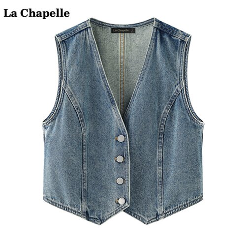 拉夏贝尔/La Chapelle单排扣V领无袖牛仔马甲女秋季新款显瘦上衣