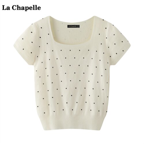 拉夏贝尔/La Chapelle波点方领短袖针织衫女夏季法式修身短款上衣
