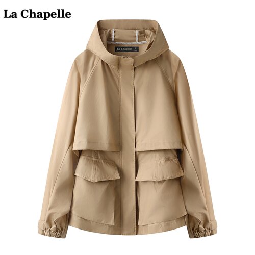 拉夏贝尔/La Chapelle韩版连帽风衣女春季新款休闲宽松中长款外套