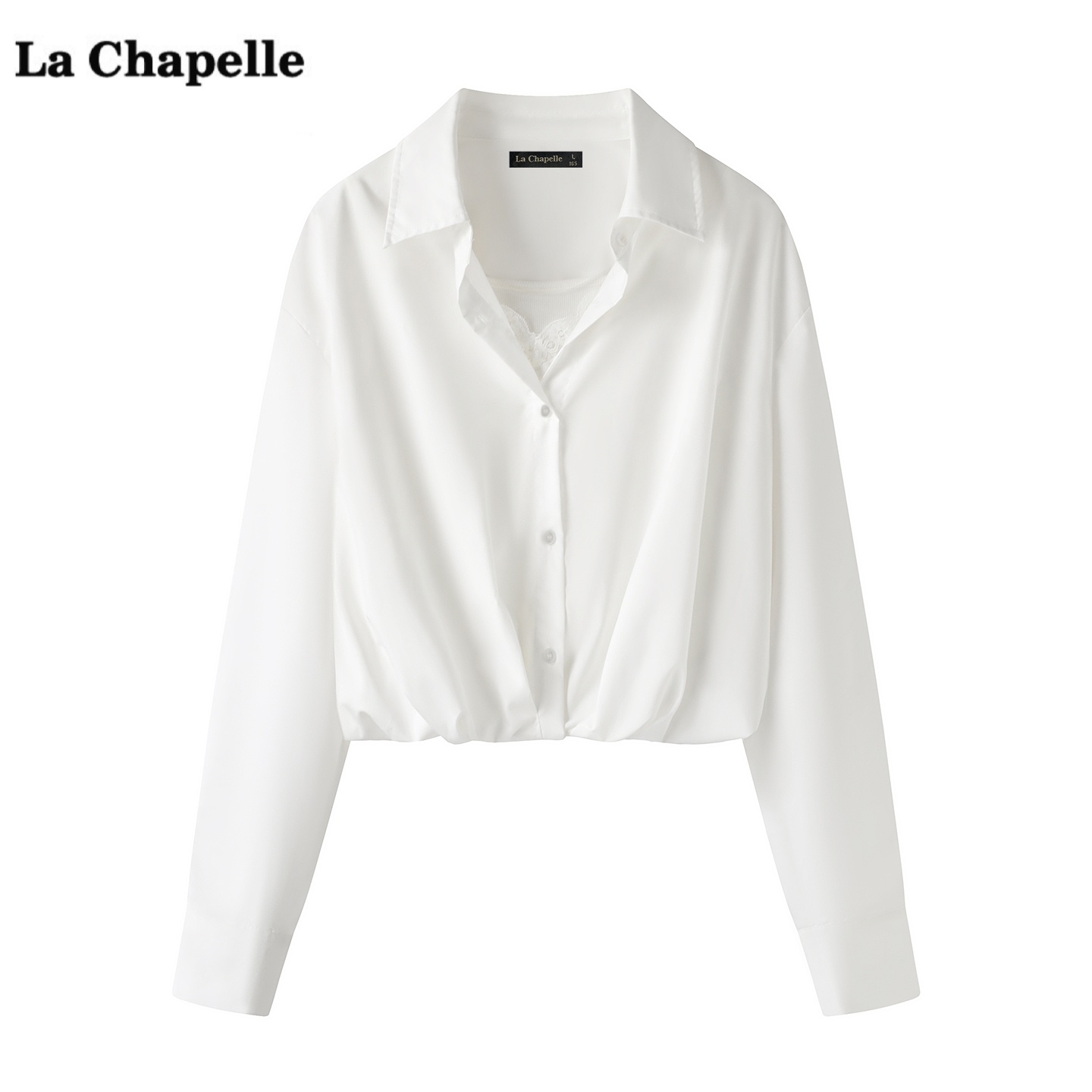 拉夏贝尔/La Chapelle假两件长袖衬衫女秋季新款蕾丝拼接短款上衣