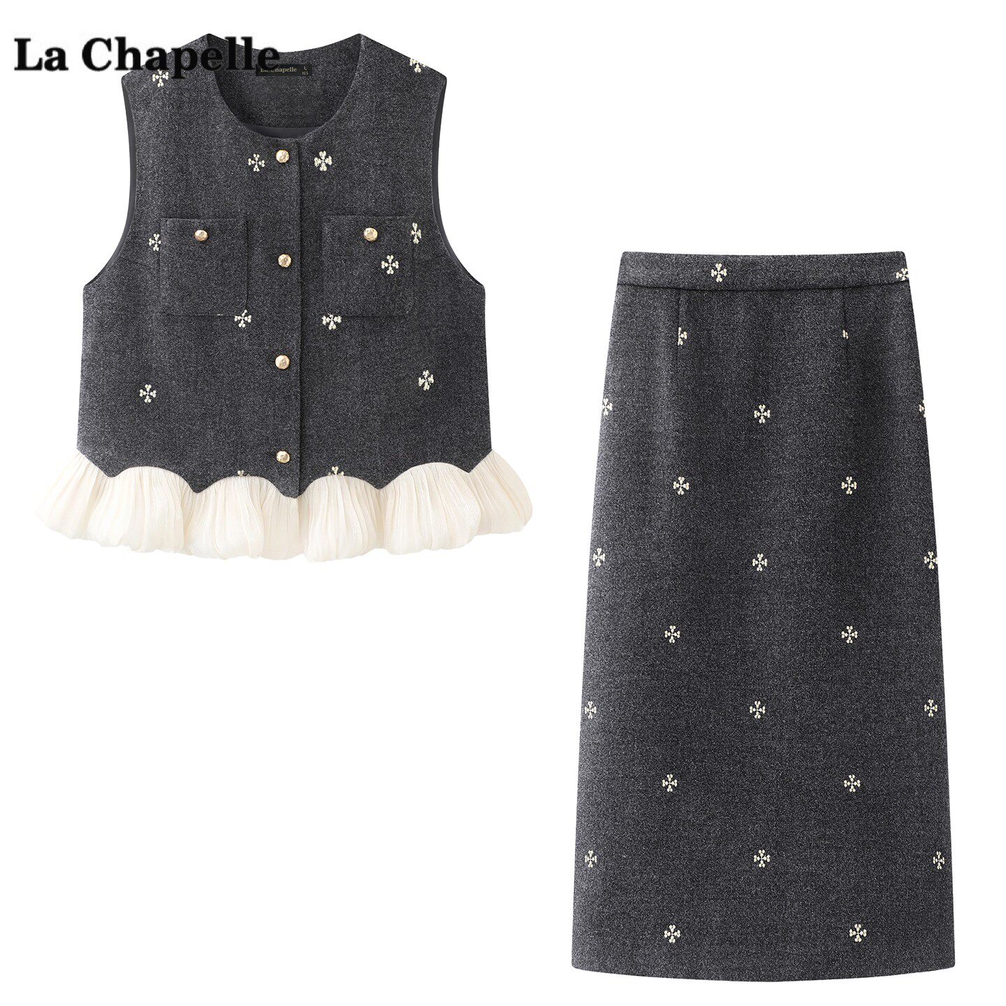 拉夏贝尔/La Chapelle通勤马甲上衣半身裙两件套女春新款时尚套装