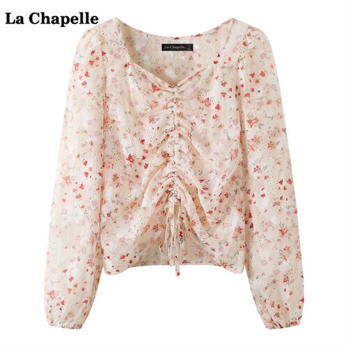 拉夏贝尔/La Chapelle粉色碎花长袖衬衫女秋季新款甜美抽绳上衣