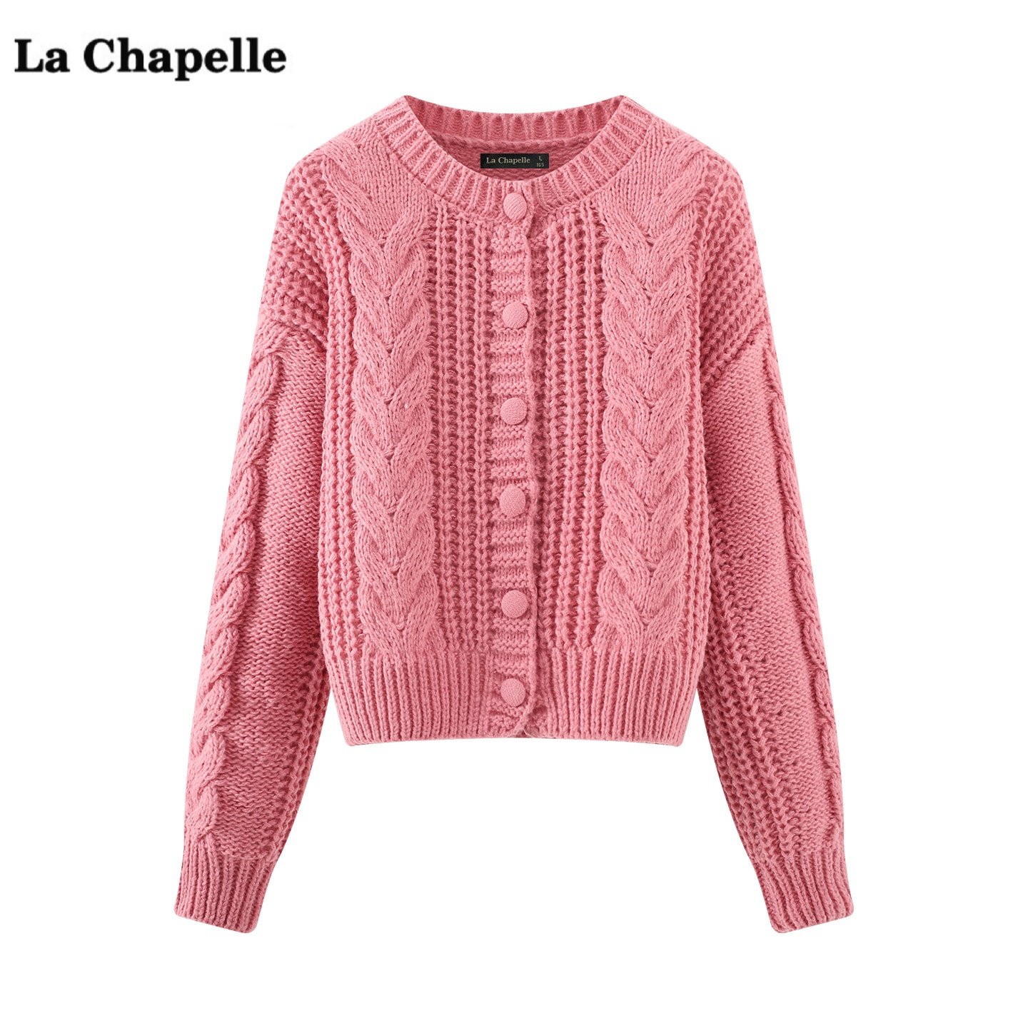 拉夏贝尔/La Chapelle绞花圆领针织开衫外套女春季新款毛衣上衣