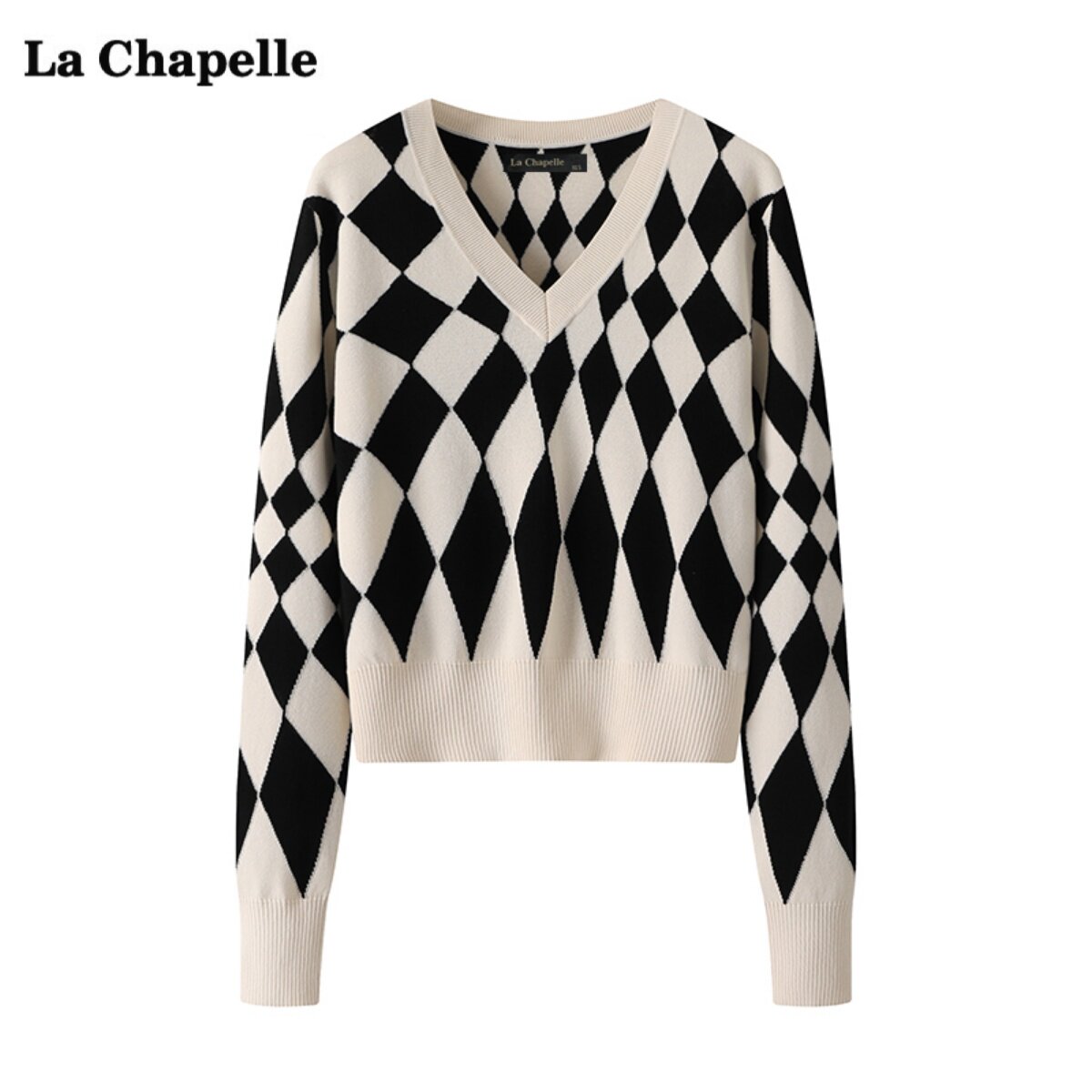 拉夏贝尔/La Chapelle秋季新款菱形V领收腰针织衫女长袖毛衣上衣怎么看?