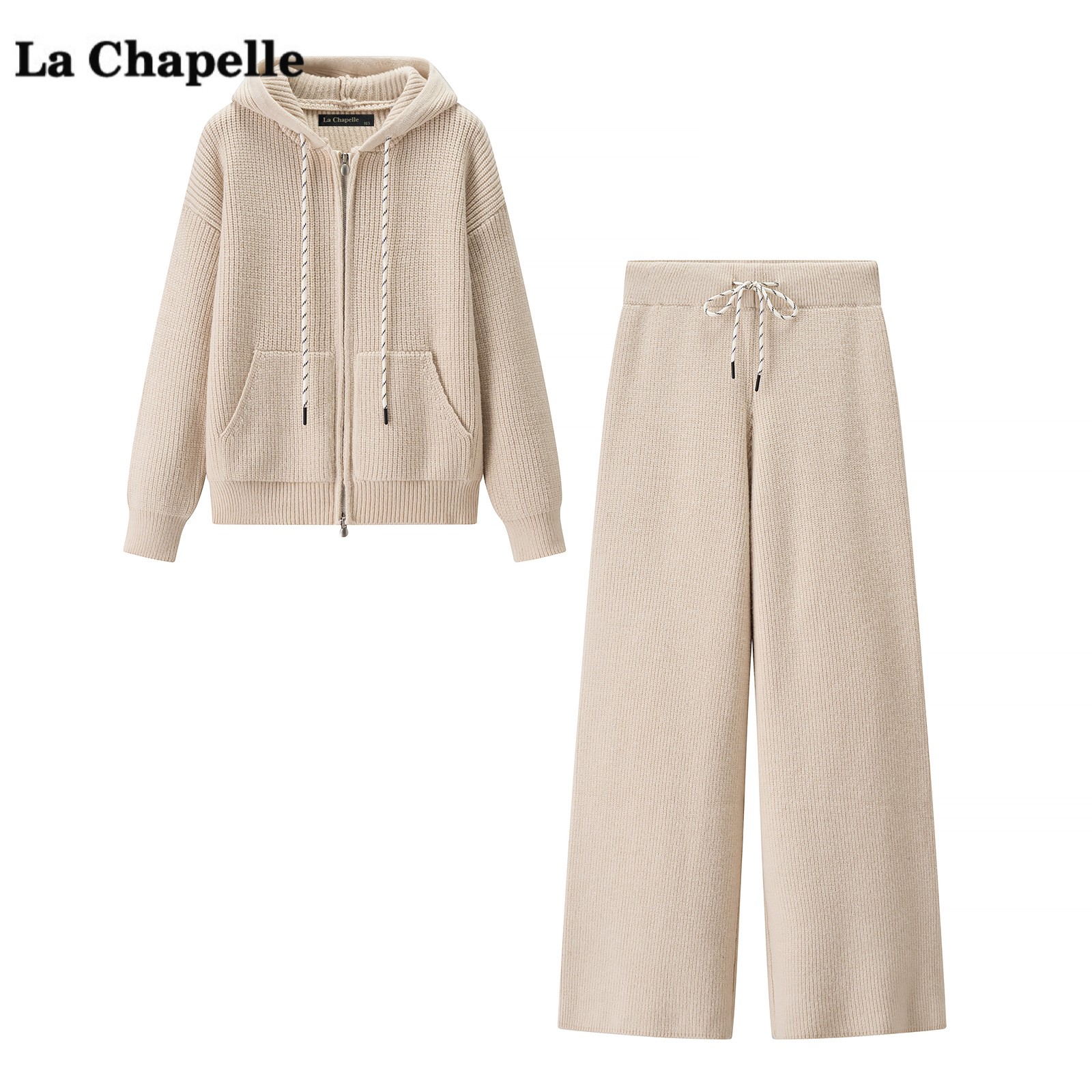 拉夏贝尔/La Chapelle连帽针织开衫休闲裤两件套女秋冬季新款套装