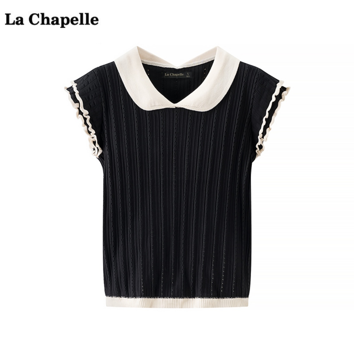 拉夏贝尔/La Chapelle撞色小飞袖正肩T恤女夏新款冰丝针织衫上衣