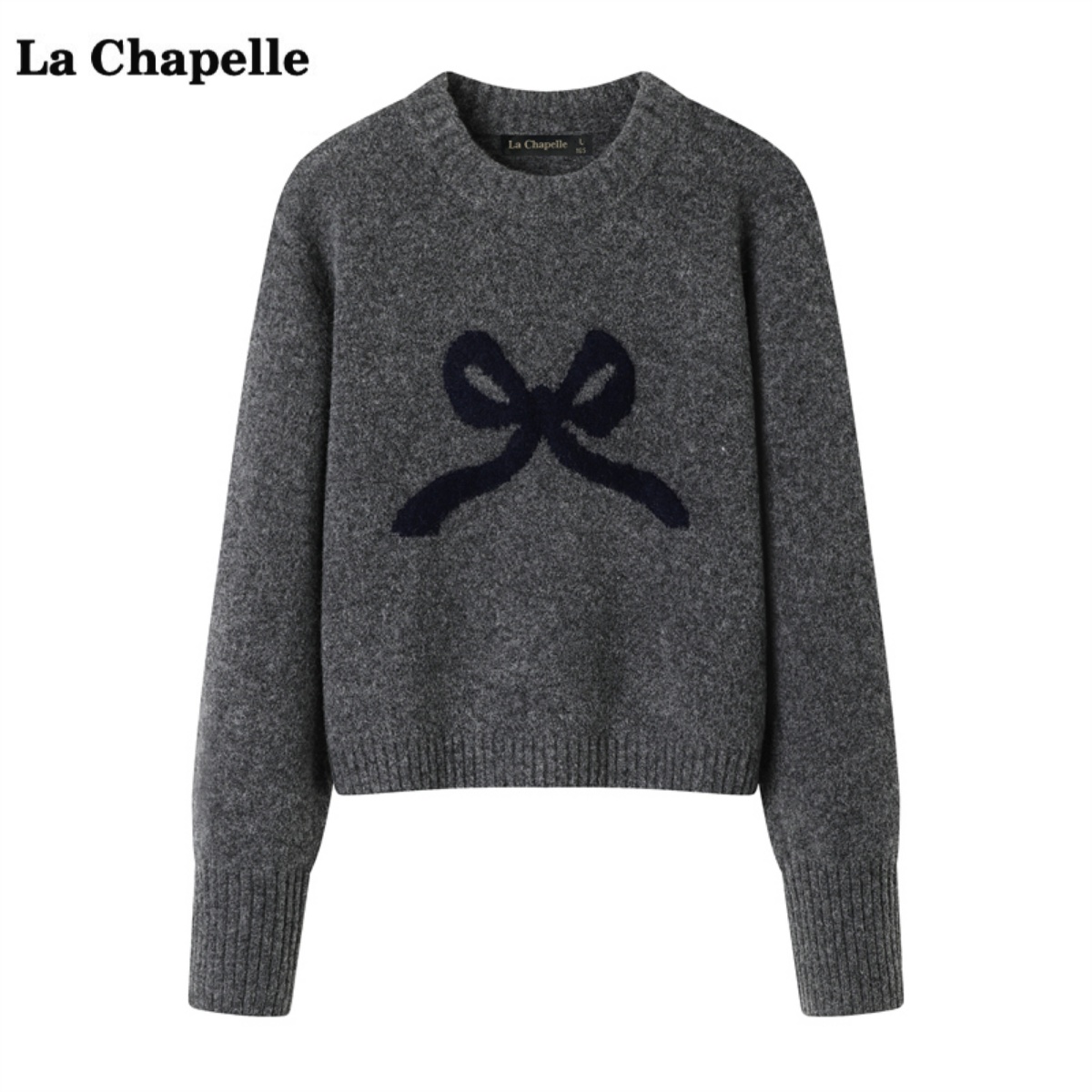 拉夏贝尔/La Chapelle法式蝴蝶结圆领针织衫女秋冬季新款显瘦毛衣