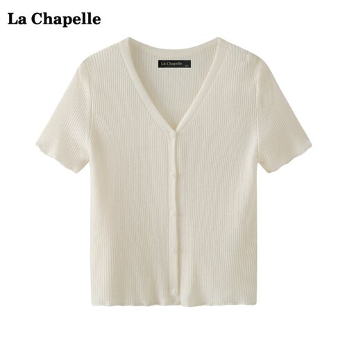 拉夏贝尔/La Chapelle纯色V领短袖针织衫女夏季新款简约显瘦上衣