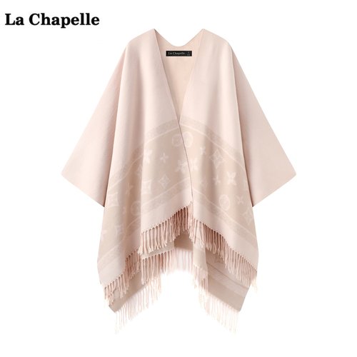 拉夏贝尔/La Chapelle民族风双面提花流苏披肩女秋季新款披风围巾