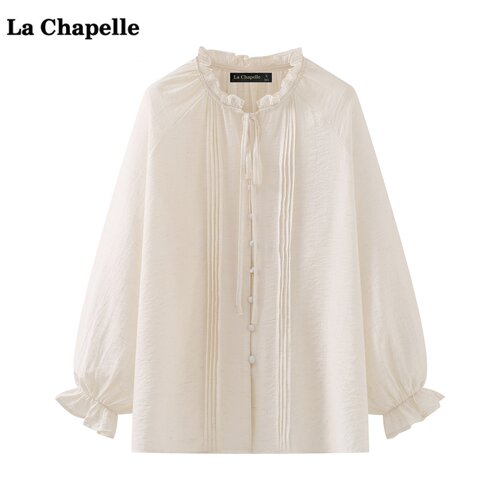 拉夏贝尔/La Chapelle法式木耳边系带衬衫女秋新款别致长袖上衣