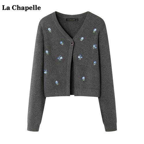 拉夏贝尔/La Chapelle小香风刺绣针织开衫女秋冬新款气质V领上衣