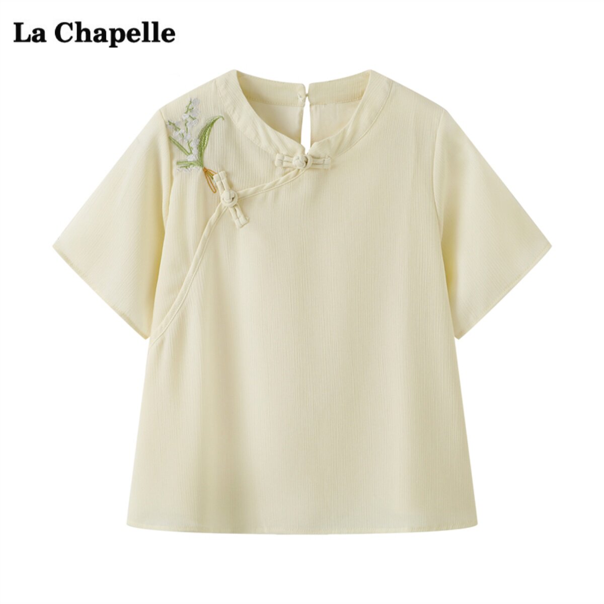 拉夏贝尔/La Chapelle花朵刺绣盘扣衬衫女夏季新款国风短袖上衣