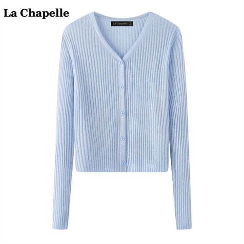 拉夏贝尔/La Chapelle纯色坑条针织开衫女春季新款v领打底衫上衣