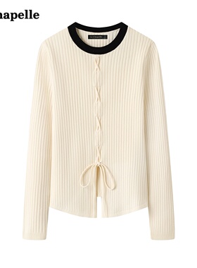 拉夏贝尔/La Chap撞色绑带开叉针织衫女秋季新款内搭打底毛衣上衣