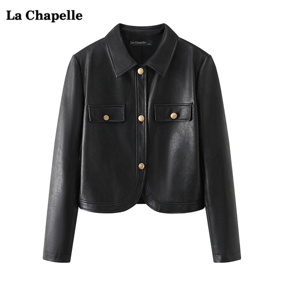 拉夏贝尔/La Chapelle复古翻领皮衣短外套女春季新款百搭夹克上衣