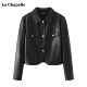 新款 Chapelle复古翻领皮衣短外套女春季 百搭夹克上衣 拉夏贝尔