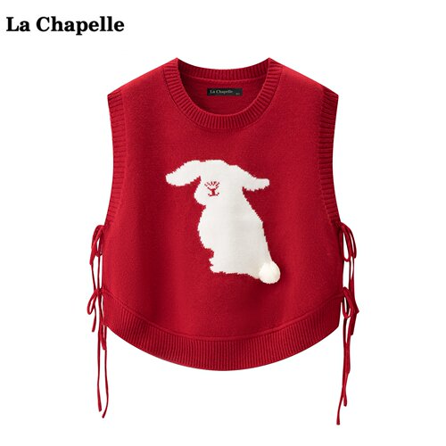 拉夏贝尔/La Chapelle红色卡通刺绣针织马甲女秋冬季新款坎肩背心