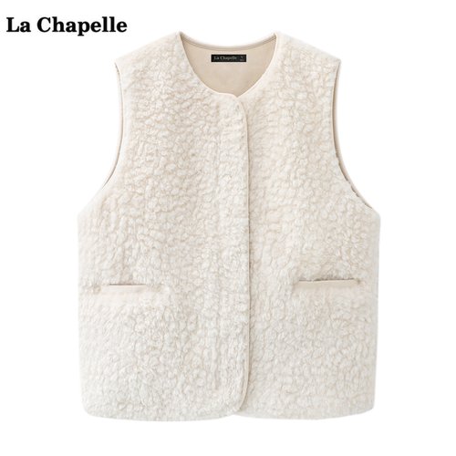 拉夏贝尔/La Chapelle圆领羊羔毛马甲外套女冬季新款保暖坎肩上衣