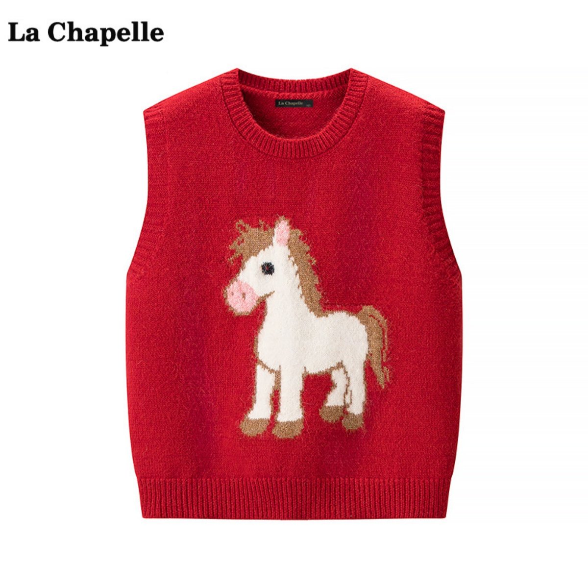 拉夏贝尔/La Chapelle红色小马提花针织马甲女春季新款背心上衣