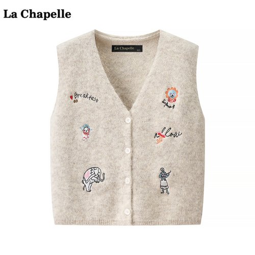 拉夏贝尔/La Chapelle卡通刺绣针织马甲女秋冬季新款坎肩背心上衣