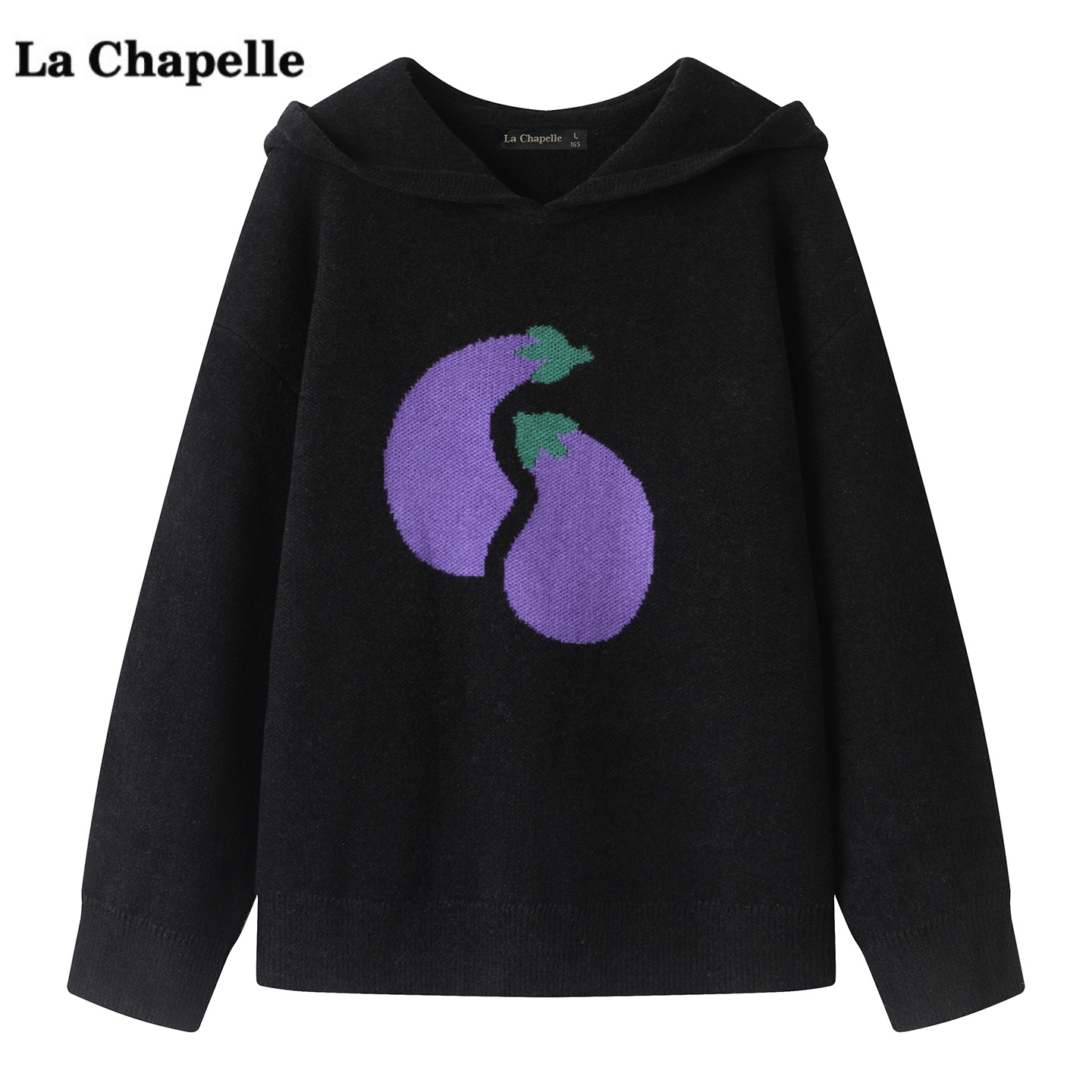 拉夏贝尔/La Chapelle黑色刺绣茄子针织衫女冬季宽松连帽卫衣上衣