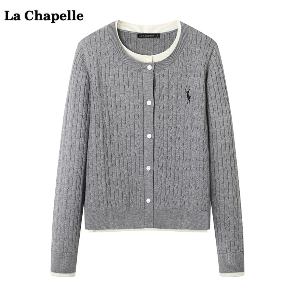 拉夏贝尔/La Chapelle灰色绞花针织开衫女春季新款假两件毛衣外套