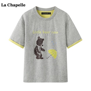 新款 拉夏贝尔 T恤女夏季 撞色显瘦上衣 Chapelle小熊印花短袖